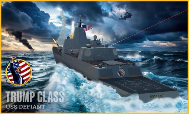 Ein Kriegsschiff mit US-Flagge feuert Raketen ab, im Hintergrund brennt ein Schiff und ein Hubschrauber fliegt am Himmel.