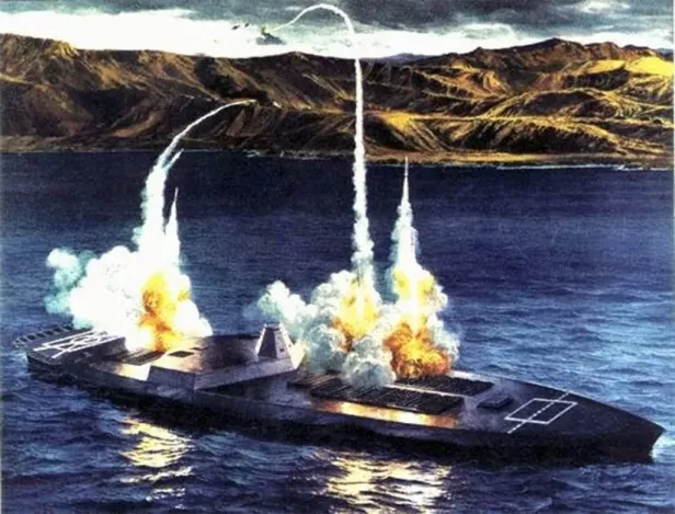 Kriegsschiff feuert mehrere Raketen vor einer bergigen Küstenlandschaft ab.