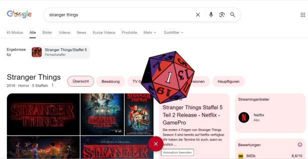 Google-Suche nach „Stranger Things“ mit schwebendem zwanzigseitigem Würfel auf dem Bildschirm.