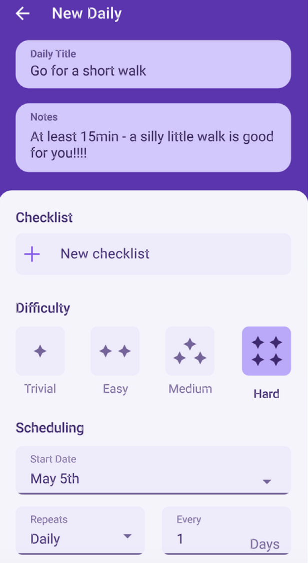 Aufgaben-Erstellung in Habitica mit Titel, Checkliste, Schwierigkeit und Wiederholungen