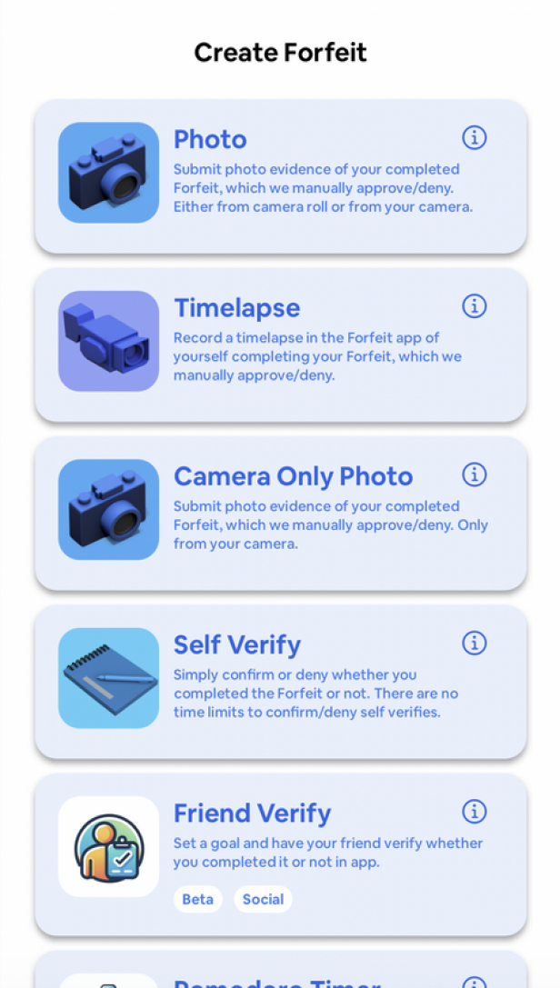 Beweis-Auswahl in Forfeit mit Photo, Self Verify und Friend Verify