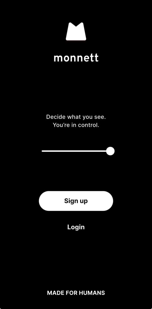 Anmeldescreen der Monnett-App mit schwarzem Hintergrund