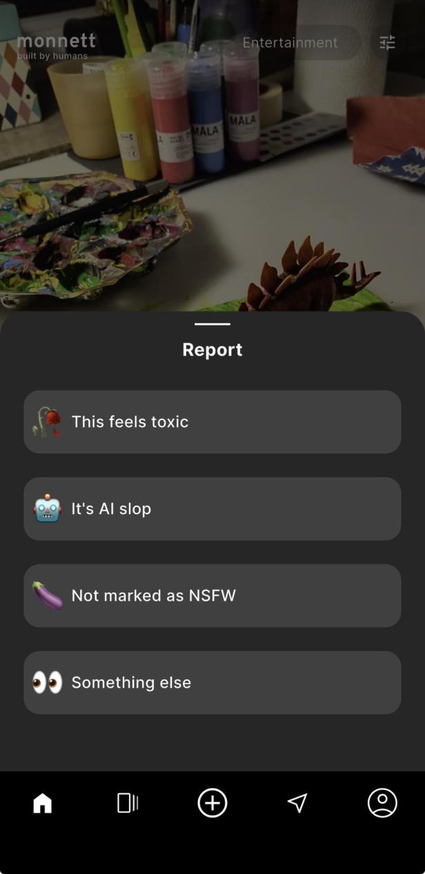 Report-Funktion von Monnett mit Auswahl "AI Slop", "This Feels Toxic" und mehr