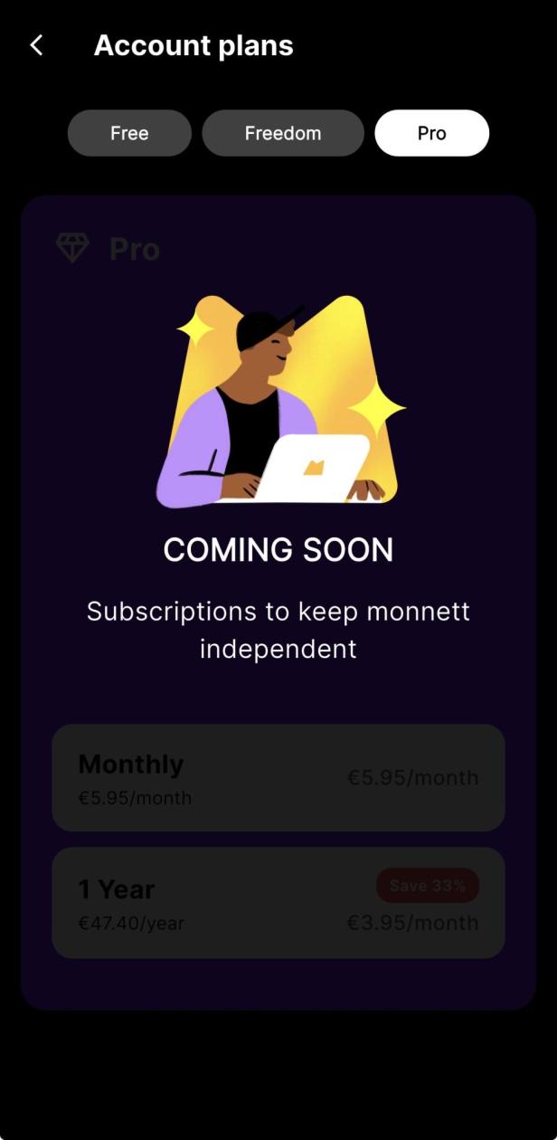 "Coming Soon" Screen zu Abos in Monnett