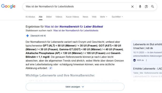 KI-Übersicht zur Frage "Was ist der Normalbereich für Leberbluttests"