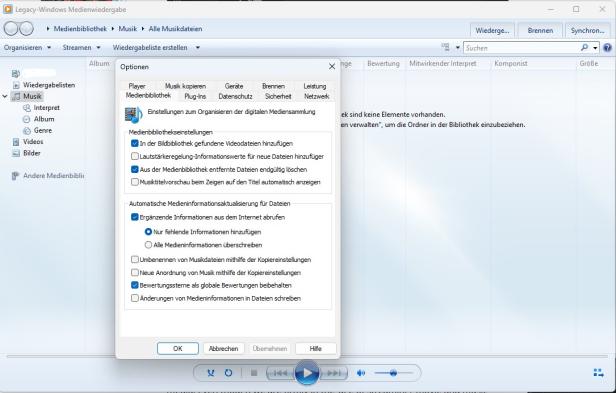 Einstellungenfenster des Windows Media Player zur automatischen Medieninformationsaktualisierung.