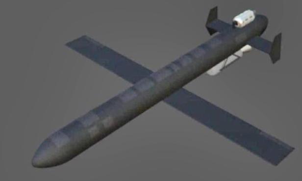 Computergrafik einer schwarzen Marschflugkörper-Drohne mit geraden Flügeln auf grauem Hintergrund.