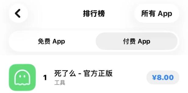 Der Screenshot zeigt die Rangliste des chinesischen Apple App Store. In der Kategorie der kostenpflichtigen Apps belegt die Anwendung „死了么 – 官方正版“ („Si Le Me – offizielle Originalversion“) den ersten Platz. Die App ist als Tool eingeordnet und kostet 8 Yuan.
