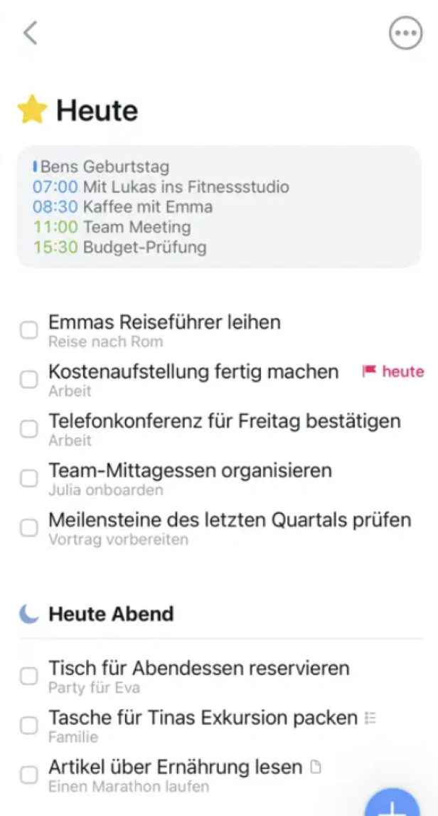 Tagesübersicht in Things 3 mit Aufgaben und Terminen sowie einer Zusammenfassung am oberen Bildschirmrand