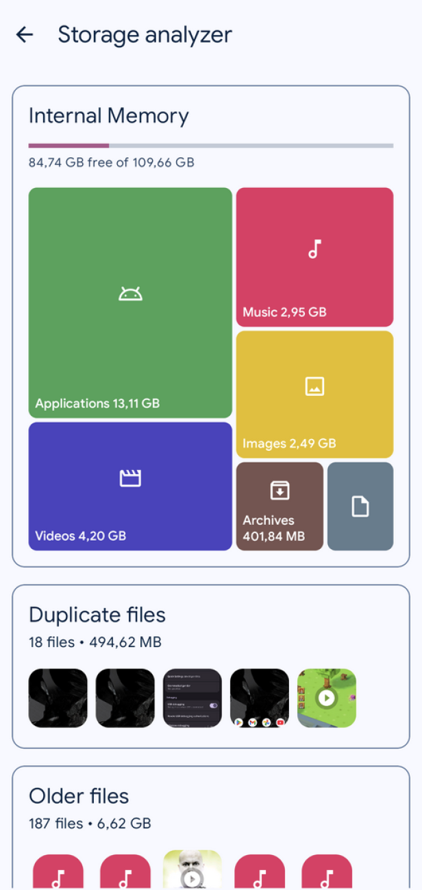 Speicher-Analyse in Solid Explorer mit farbigen Kacheln, die die Belegung durch verschiedene Dateitypen darstellt.