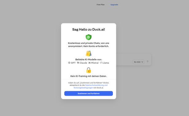 Screenshot von der Duck.ai-Website.
