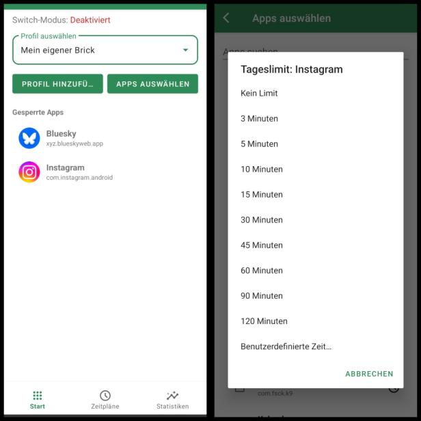 Screenshots Links: Profil erstellen, rechts: Tageslimit einstellen