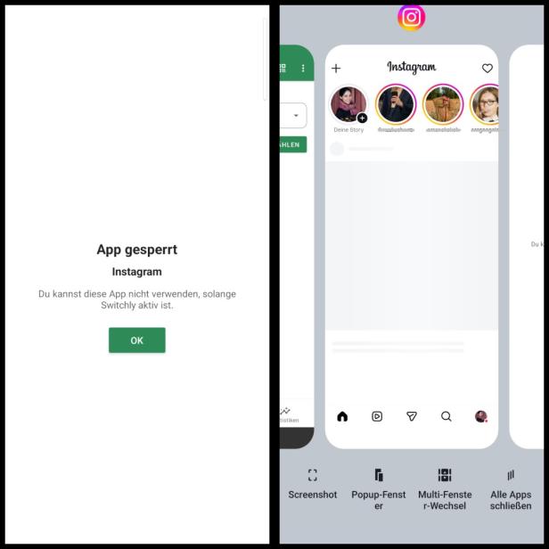 Links: Sperrbildschirm über der Instagram-App, rechts: gesperrtes Instagram in der App-Übersicht von Android