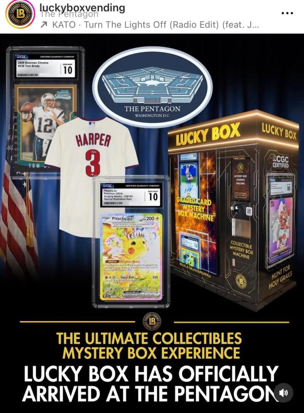 social media beitrag von LuckyBox zeigt einen Glücksspielautomaten, eine Grafik des Pentagon und eine Pokemon Karte