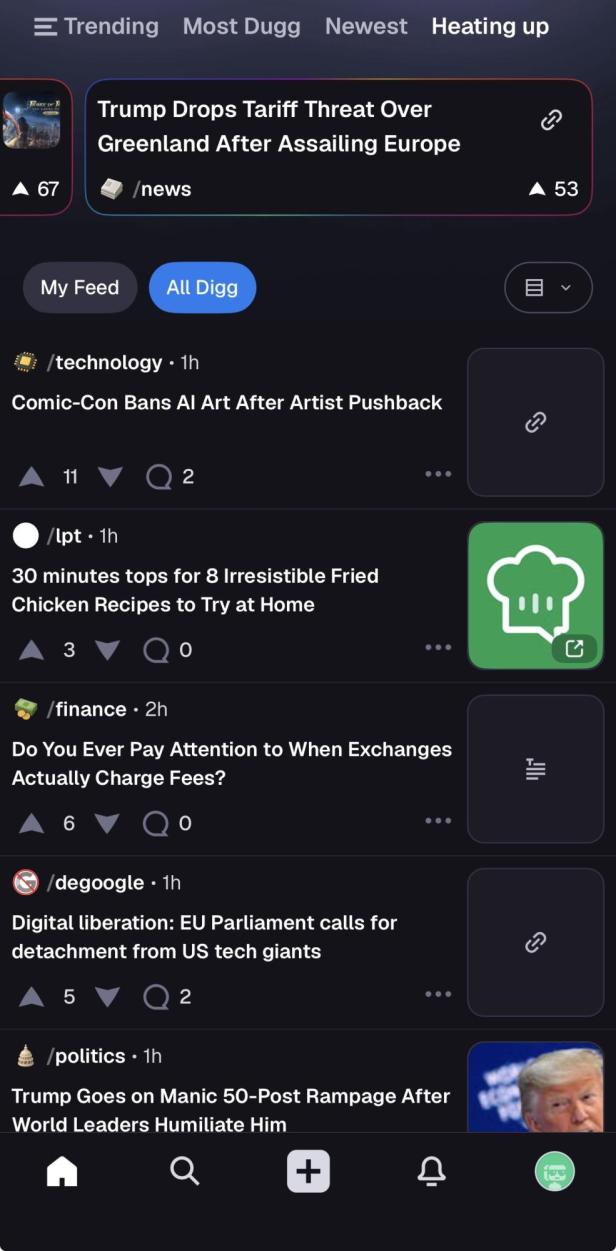 Heating-Up Timeline in der Digg App