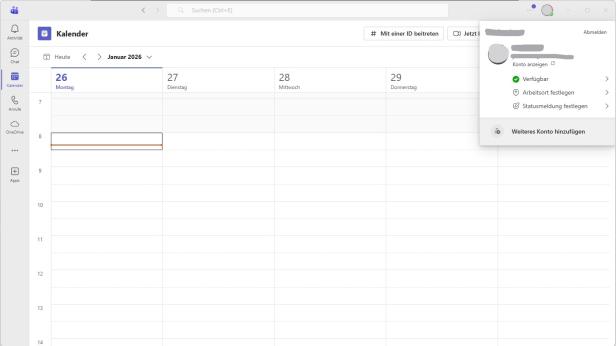 Kalenderansicht in Microsoft Teams mit geöffnetem Status- und Arbeitsort-Menü.
