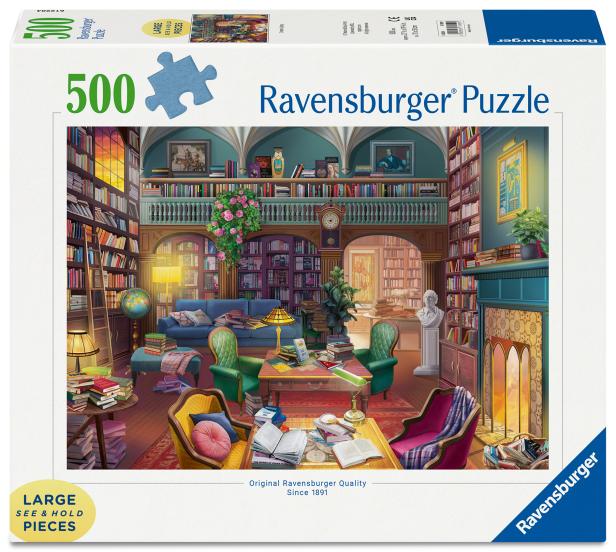 Die Verpackung des Ravensburger Puzzles „Magische Bücherwelt“ mit 500 extragroßen Teilen zeigt eine detailreiche Bibliotheksszene.