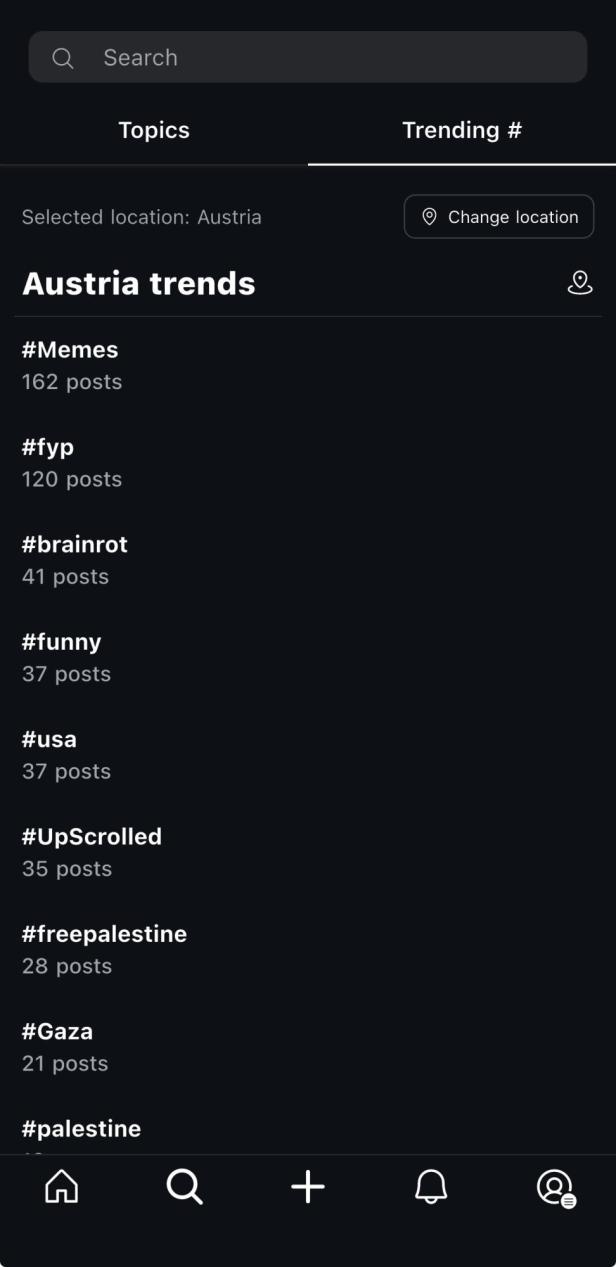 Trending-Übersicht in Upscrolled - mit Memes an erster Stelle