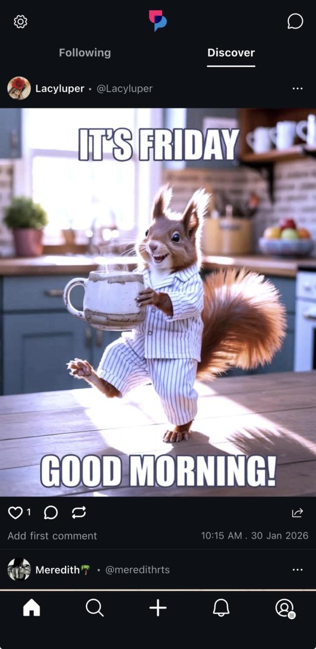 Post in Upscrolled mit einem Eichhörnchen, mit dem Text "It's Friday, Good Morning"
