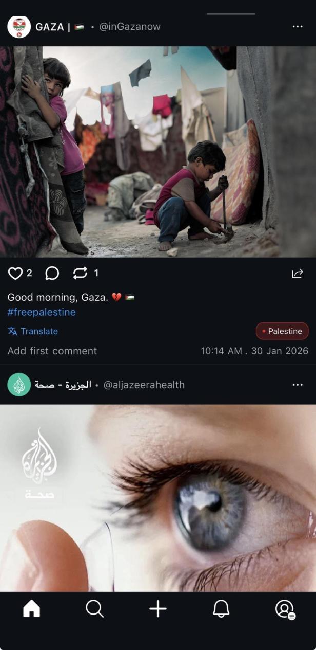 Timeline in Upscrolled, ein Post zu Gaza und ein Post zu einem Gesundheitsthema