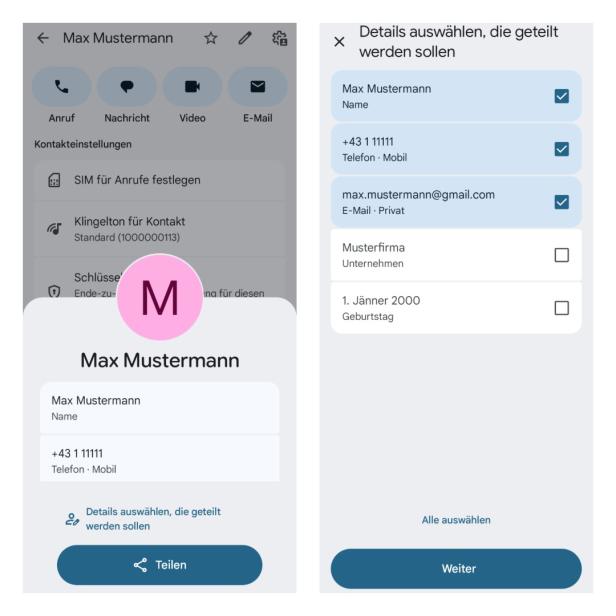 Zwei Screenshots der neuen Kontakt-Teilen-Oberfläche in Google Kontakte mit Auswahloptionen.
