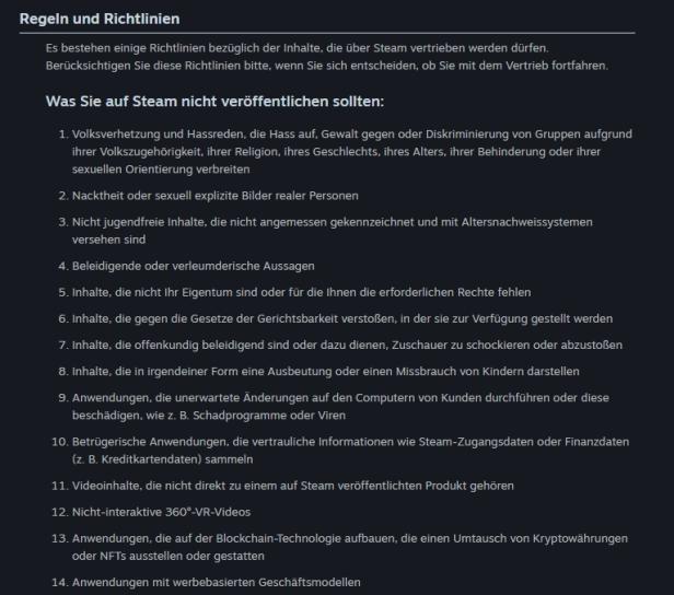 Screenshot Steam Direct Richtlinien