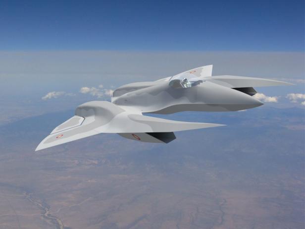 Kampfflugzeug-Konzept SM-39 Razor mit futuristischem Design fliegt über einer Landschaft.