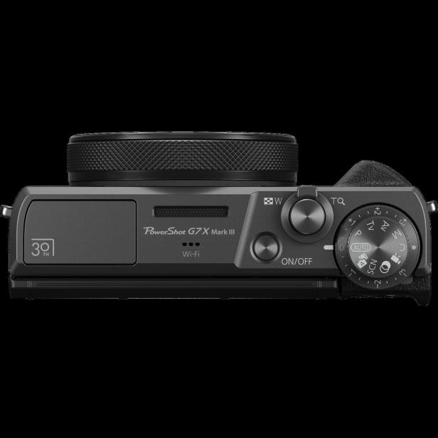 PowerShot G7 X Mark III 30-Jahre-Edition auf schwarzem Hintergrund
