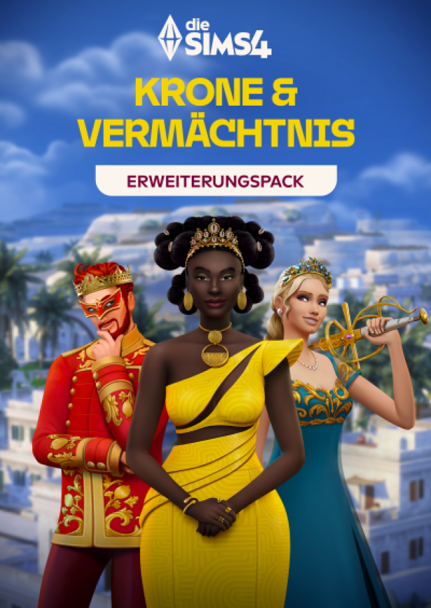 Drei Sims in königlicher Kleidung vor mediterraner Palastkulisse mit Schriftzug des Erweiterungspacks.