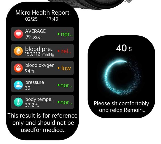 Smartwatch-Display mit Gesundheitsdaten wie Blutdruck, Puls, Sauerstoff und Temperatur.