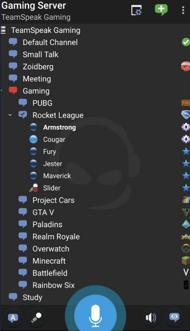 Eine Liste von Sprachkanälen für verschiedene Spiele und Themen in einer TeamSpeak-Gaming-Server-Übersicht.