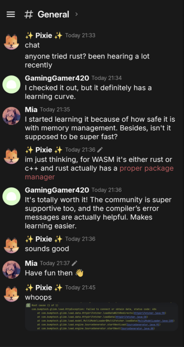 Mehrere Nutzer diskutieren in einem Chat über die Programmiersprache Rust und ihre Vorteile, am Ende erscheint eine Fehlermeldung.