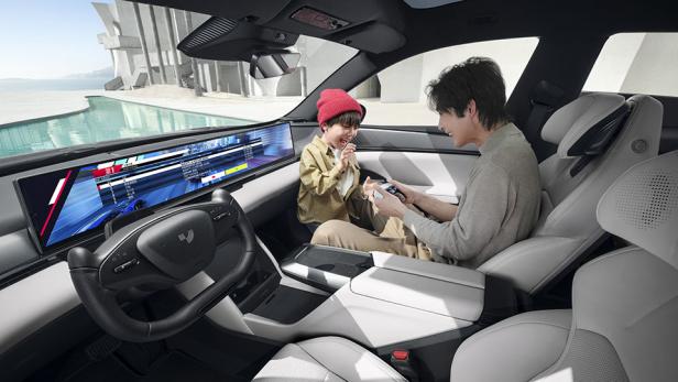 Zwei Personen spielen in einem Auto mit Yoke-Lenkrad und großem Display ein Videospiel.