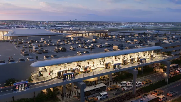 Futuristische Hochbahnstation mit autonomen Shuttles, Parkhaus und vielen Autos bei Abenddämmerung.