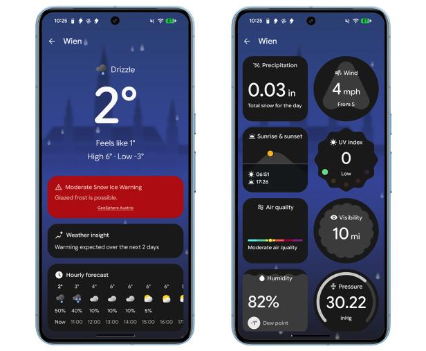 So sieht die Wetter-App auf Pixel-Handys aus