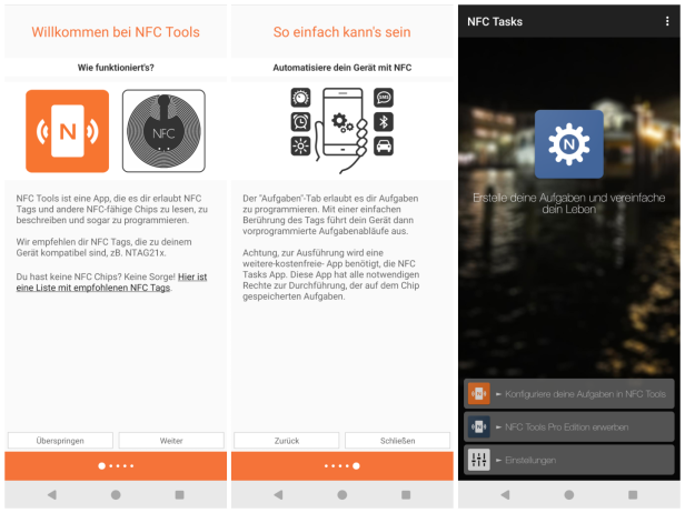 Screenshots der Apps NFC Tools und NFC Tasks mit Erklärungen zur Nutzung von NFC-Tags.