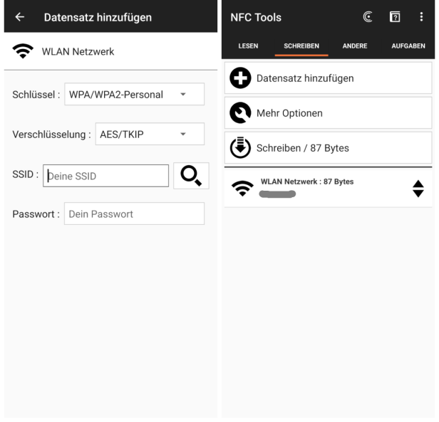 Zwei Screenshots der NFC Tools-App mit WLAN-Einstellungen und Schreiboptionen für NFC-Tags.