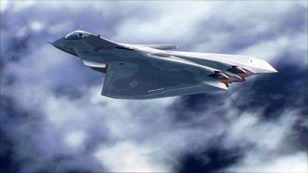 Kampfflugzeug mit Tarnkappen-Design und Canards fliegt über wolkigem Himmel, Nummer 048 sichtbar.
