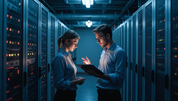 Zwei Personen besprechen sich in einem Serverraum zwischen beleuchteten Serverschränken.