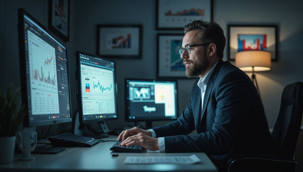 Mann im Anzug analysiert Daten auf mehreren Monitoren in einem modernen Büro bei Nacht.