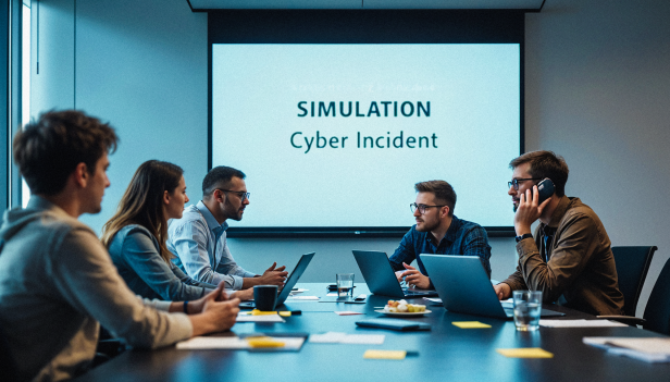Fünf Personen diskutieren in einem Konferenzraum vor einer Leinwand mit „Simulation Cyber Incident“.
