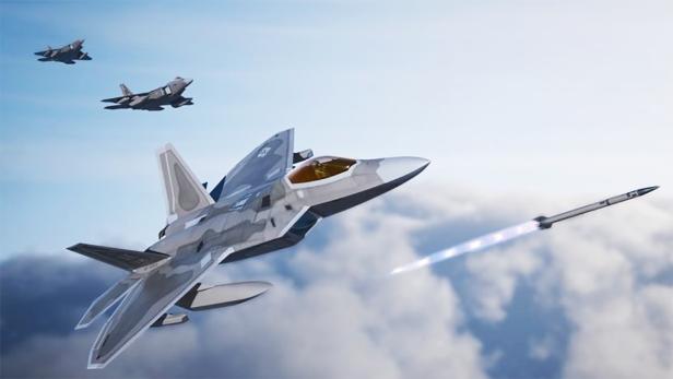 Zeichnung einer F-22 die über den Wolken fliegt