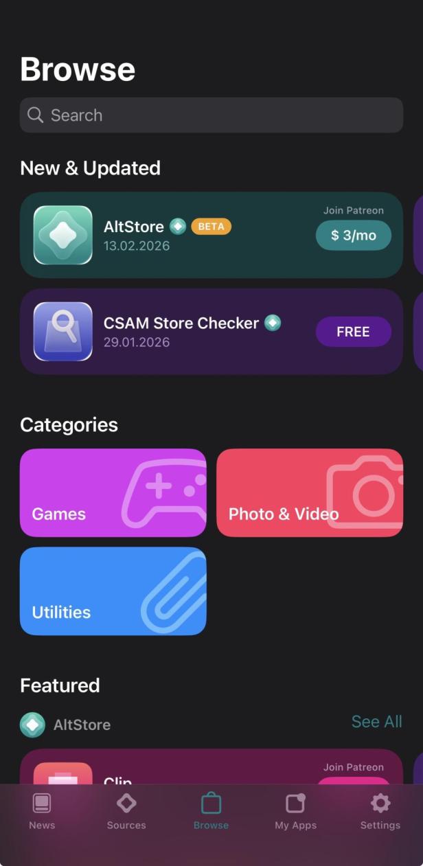 Oberfläche von AltStore PAL mit den Kategorien Games, Photo und Video und Utilities