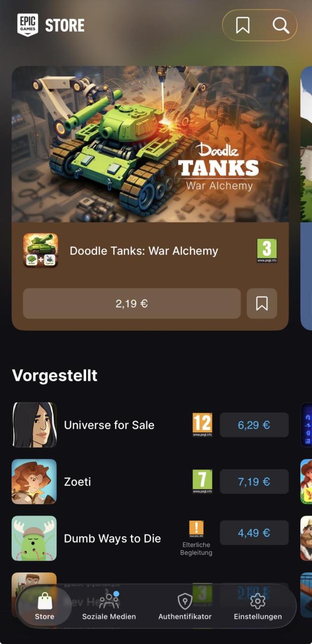 Oberfläche des Epic Games App Store