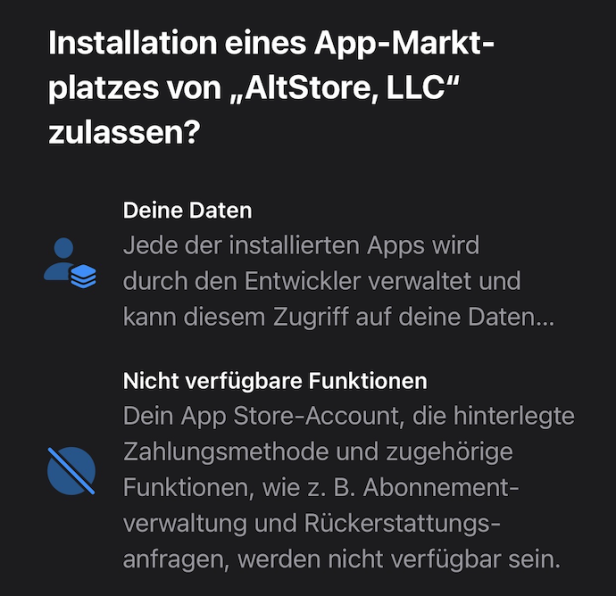 Installationsabfrage von iOS für den AltStore mit Warnungen vor der Installation