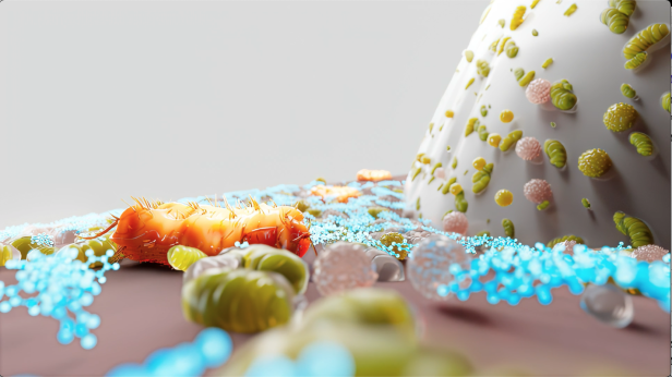 P. gingivalis (orange), der Inhaltsstoff (blau) und gesundes Mikrobiom am Übergang von Zahnfleisch zu Zahn