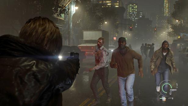Auf einer dunklen Straßen laufe Menschen vor Zombies weg