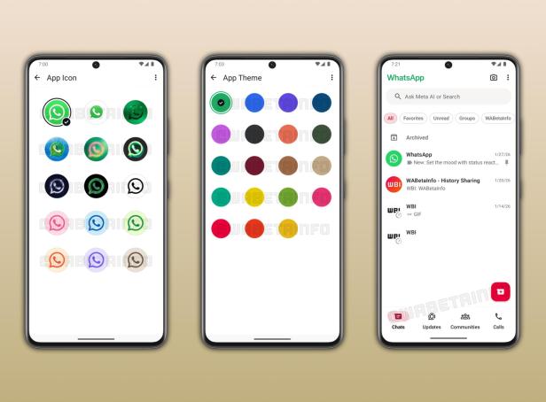 Drei Smartphones zeigen WhatsApp-Oberflächen mit verschiedenen Icon- und Farboptionen.
