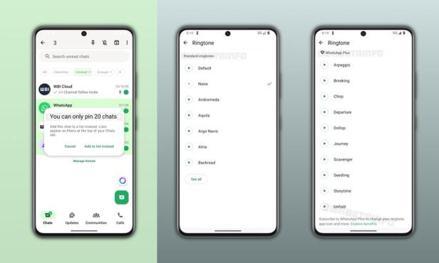 Drei Smartphones zeigen die WhatsApp-Oberfläche mit neuen Möglichkeiten.