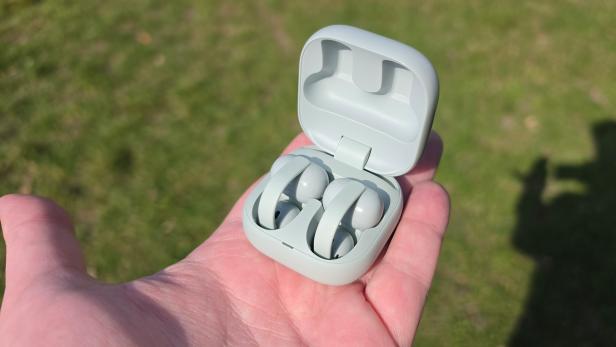Die Sony LinkBuds Clip in pastellgrünem Ladecase werden in einer Hand im Freien präsentiert.